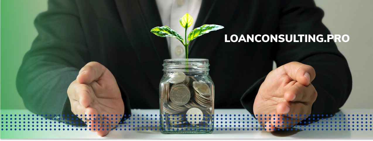 SMALL BUSINESS LOANS - photo graphics man sitting behind jar with coins sprouting leaves