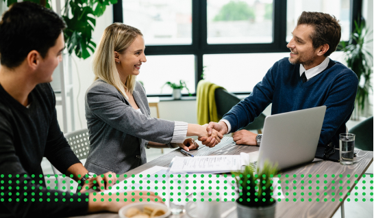 Working capital for business loan - photo graphics woman and men shaking hands at office table