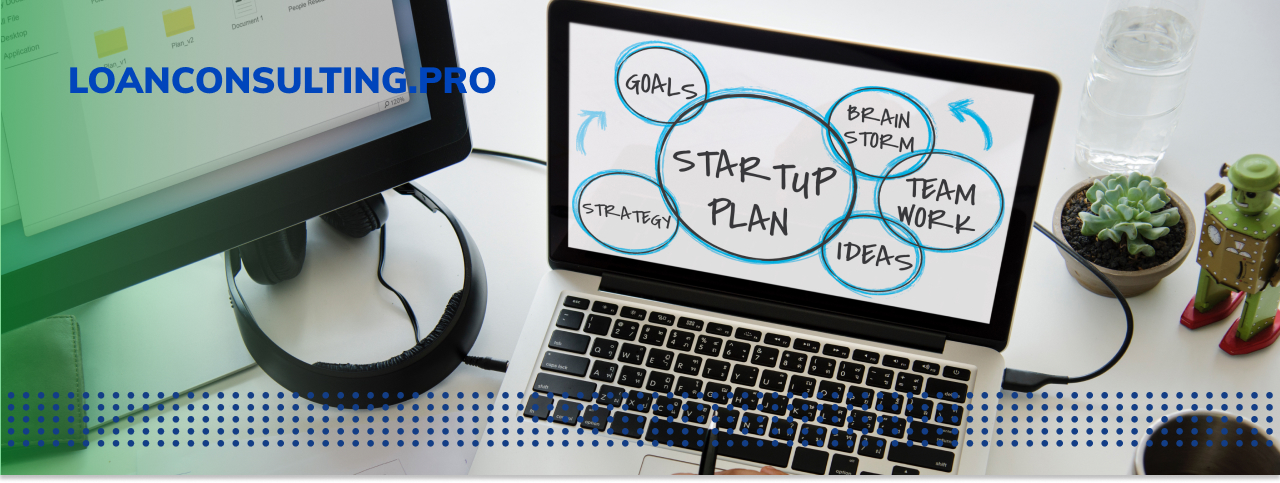 STARTUP LOANS WITH LOAN CONSULTING - photo graphics laptop with startup idea circles on screen