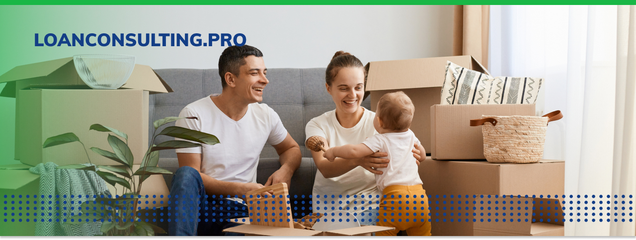 HOME MORTGAGE LOAN - photo graphics young family unboxing at new home