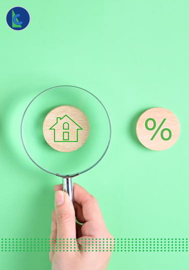 FIXED RATE VS. ADJUSTABLE RATE - photo graphics magnifying glass house and percentage icons in circle