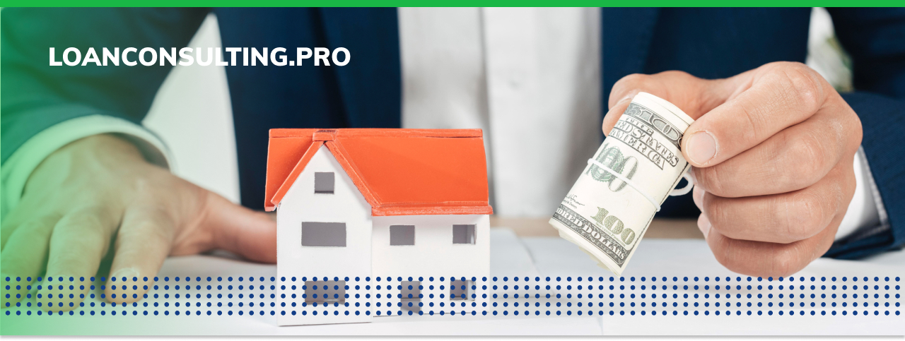 PROPERTY LOANS - photo graphics man holding dollar rolls small house module