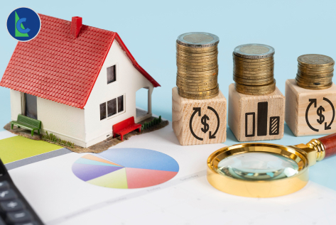 PROPERTY MORTGAGE INFO - photo graphics house module pie graph stack of coins on cubes magnifying glass
