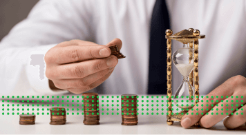 HIGHER DOWN PAYMENTS - photo graphics man stacking coins holding hourglass