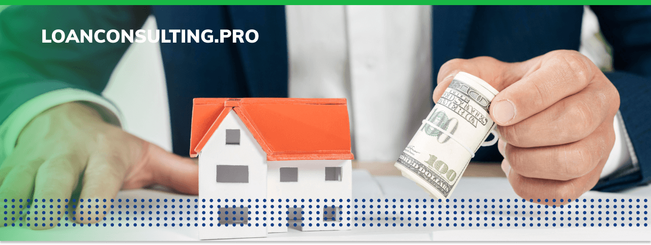 MORTGAGE LOAN - photo graphics man holding roll of dollar bills small house module